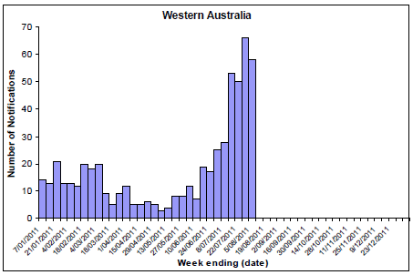 Figure 8. State breakdowns of laboratory confirmed cases of influenza, 1 January to 5 August 2011, by week - WA