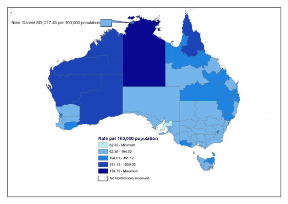 Map 3. Notification rate for chlamydial infections, Australia, 2005, by Statistical Division of residence