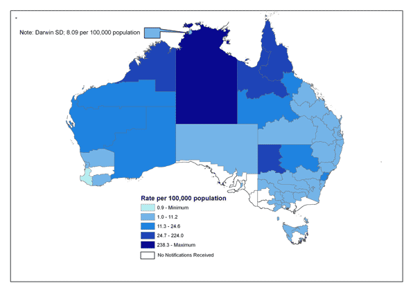 Map 5. Notification rate for syphilis infections, Australia, 2005, by Statistical Division of residence