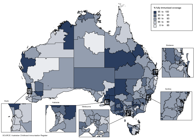 Figure 13: 'Fully immunised' coverage at 12 months of age Australia, by Statistical Sub- Division, 2010