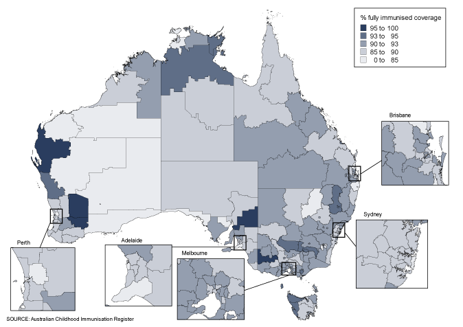 Figure 15: 'Fully immunised' coverage at 5 years of age Australia, by Statistical Sub- Division, 2010