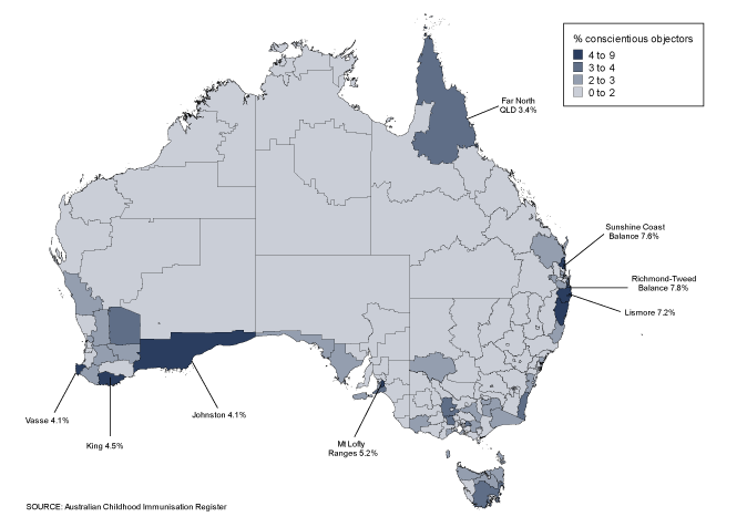 Figure 16: Proportion of official conscientious objectors to immunisation, Australia, 2010 (cohort born Jan 2004 - Dec 2009)