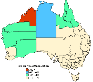 Map 6. Notification rate of gonococcal infection, 1998, by Statistical Division of residence