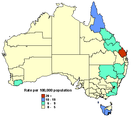 Map 8. Notification rate of measles, 1997, by Statistical Division of residence