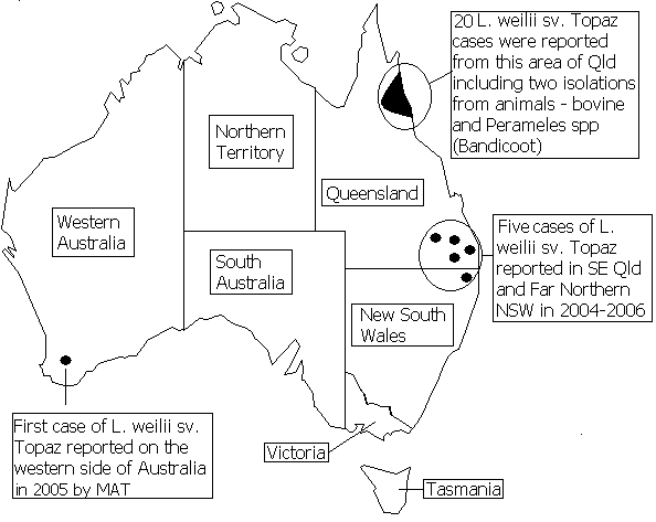 Figure 2. Geographical  distribution of Leptospira weilli sv.  Topaz cases, Australia,  1991 to 2006
