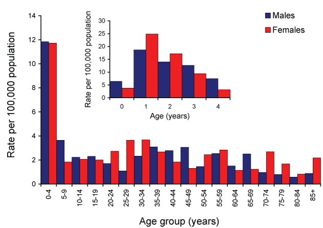 Figure 18:  Notification rate for shigellosis, Australia, 2007, by age and sex