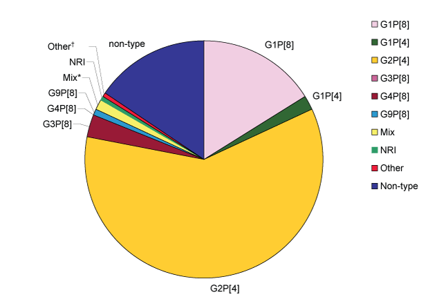 Overall distribution of rotavirus G and P genotypes identified in Australian children based on vaccine usage for the period 1 July 2008 to 30 June 2009