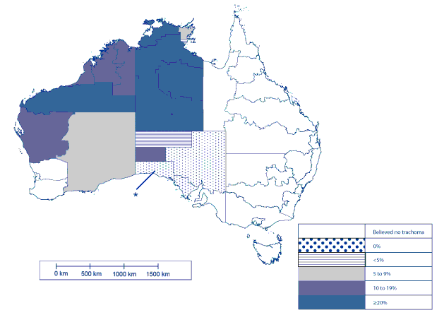 Map:  Prevalence of active trachoma in Australia, 2008, by region
