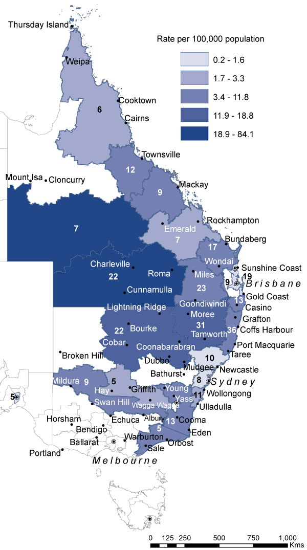 Map 4:  Notification rates for Q fever in Queensland, New South Wales and Victoria, by Statistical Division of residence