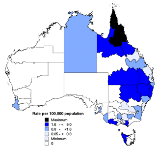 Map 9. Notifications rates of leptospirosis infection, Australia, 2002, by Statistical Division of residence