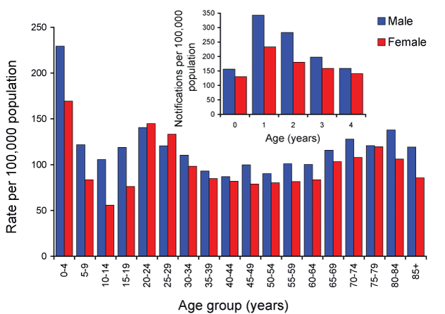 Figure 2:  Campylobacteriosis notification rates, Australia, 2009, by age group and sex