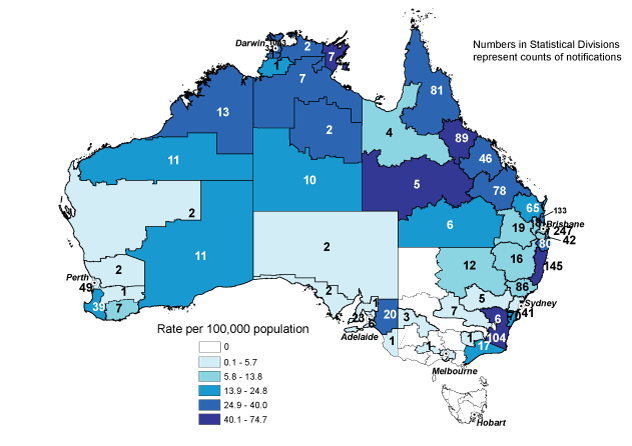 Map 8:  Notification rates for Barmah Forest virus infection, Australia, 2007, by Statistical Division of residence and Statistical Subdivision for Northern Territory