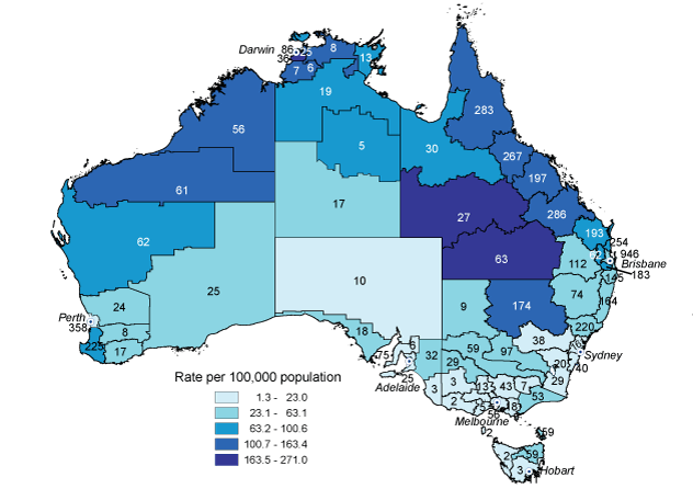 Map 2:  Number of notified cases and rate of Ross River virus infection, Australia, 1 July 2007 to 30 June 2008, by Statistical Division