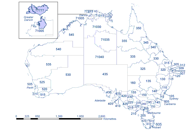 Map 1:  Australian Bureau of Statistics Statistical Division codes, Australia, and Statistical Subdivision codes, Northern Territory, 2009