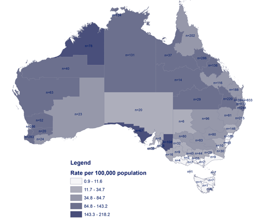 Map 2. Notifications and notification rates of Ross River virus infections, Australia, 2005-06, by Statistical Division of residence