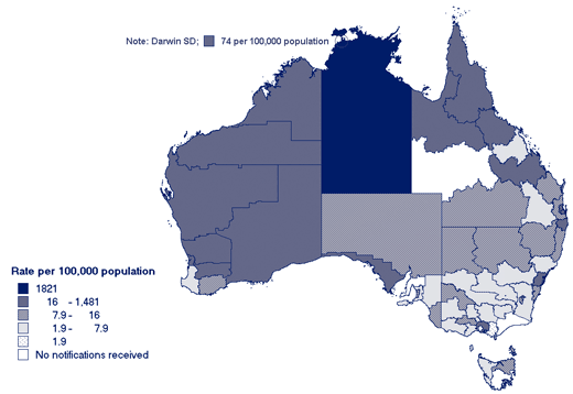 Map 4. Notification rates of gonococcal infection, Australia, 2004, by Statistical Division of residence 