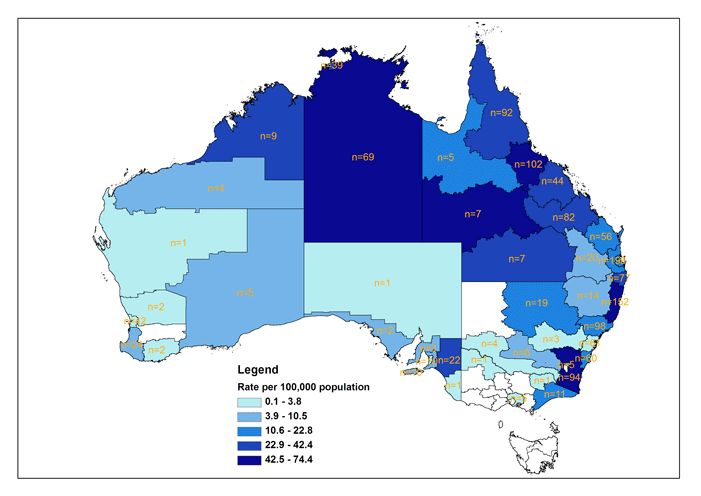 Map 1. Notifications and notification rates of Barmah Forest virus infection, Australia, 1 July 2006 to 30 June 07, by Statistical Division of residence
