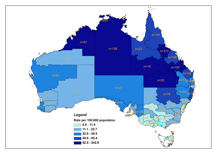 Map 2. Notifications and notification rates of Ross River virus infections, Australia, 2006&ndash;07, by Statistical Division of residence