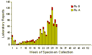 Figure 3. Laboratory reports of influenza, 1999, by type and by week of specimen collection