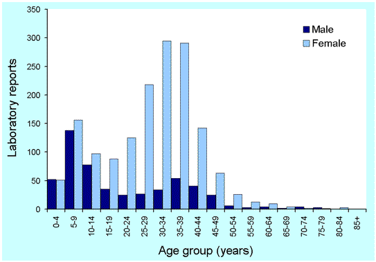 Figure 10. Laboratory reports to LabVISE of parvovirus infections, 1991 to 2000, by age and sex