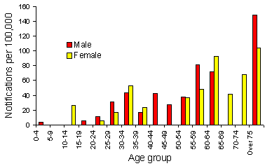 Tuberculosis notification rates per 100,000 Australian indigenous population, by age group and sex, 1996