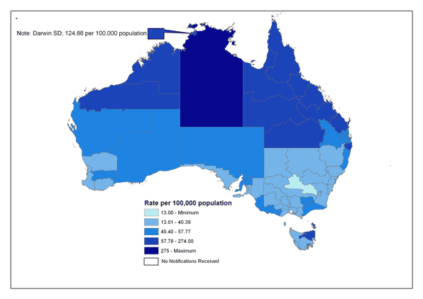 Map 2. Notification rate for salmonellosis, Australia, 2005, by Statistical Division of residence