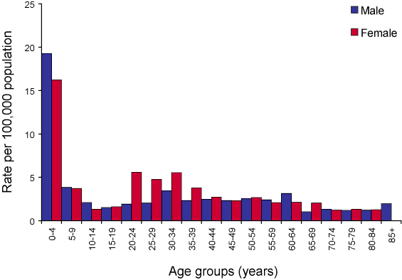 Figure 24. Notification rate for shigellosis, Australia, 2005, by age group and sex