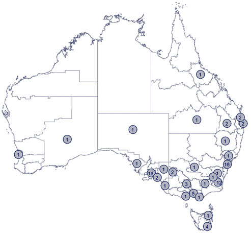 Map. Geographic distribution of ASPREN sentinel general practice sites, Australia, 2004