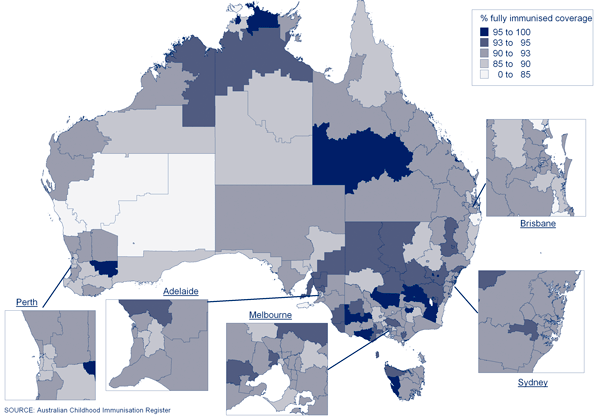 Figure 15:  'Fully immunised' coverage at 12 months of age, by Statistical Subdivision, Australia, 2008