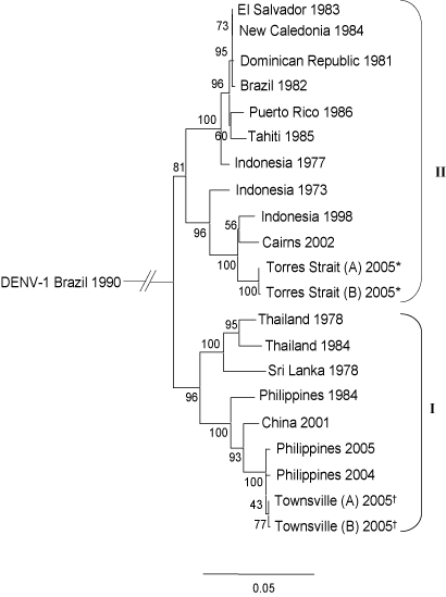 Figure 2:  Phylogenetic relationships of the 2005 dengue serotype 4 viruses responsible for the Torres Strait* and Townsville