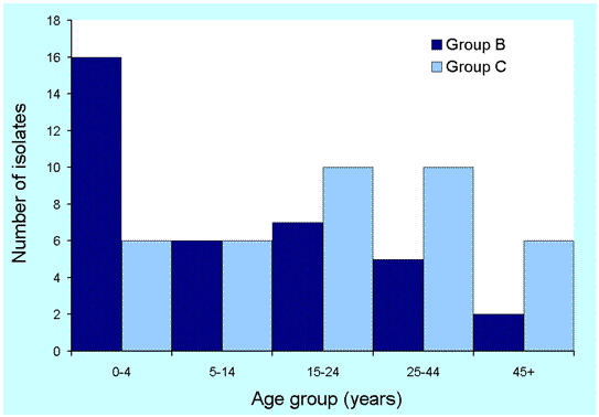 Figure 2. Number of serogroup B and C isolates, Victoria, 2001, by age
