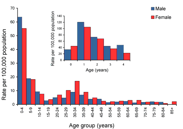 Figure 15:  Notification rate for cryptosporidiosis, Australia, 2008, by age group and sex, and inset: age and sex in children aged under 5 years