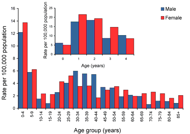 Figure 18:  Notification rate for shigellosis, Australia, 2008, by age and sex
