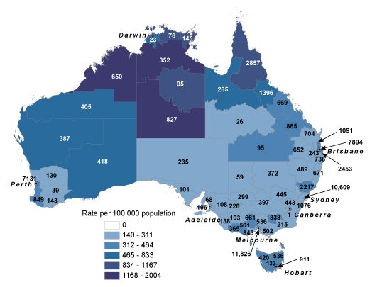 Rates and counts for chlamydial infection, Australia, 2010, by Statistical Division and Statistical Subdivision of residence in the Northern Territory