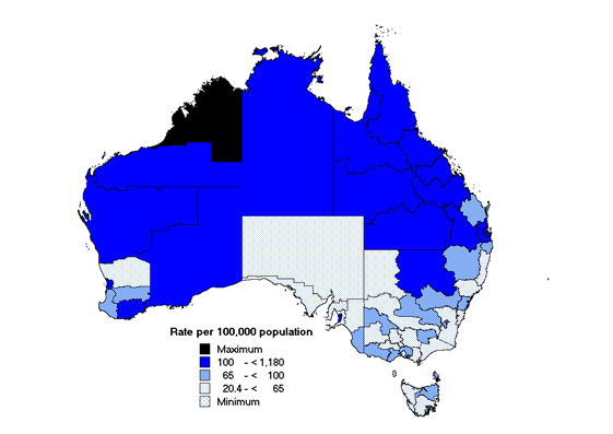 Map 3. Notification rates of chlamydial infection, Australia, 2001, by Statistical Division of residence
