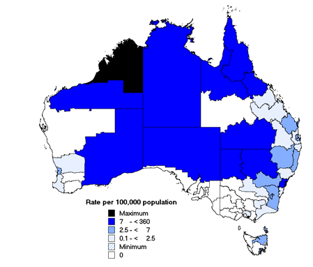 Map 5. Notification rates of syphilis, Australia, 2001, by Statistical Division of residence