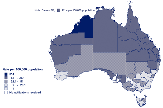 Map 2. Notification rates of salmonellosis, Australia, 2004, by Statistical Division of residence