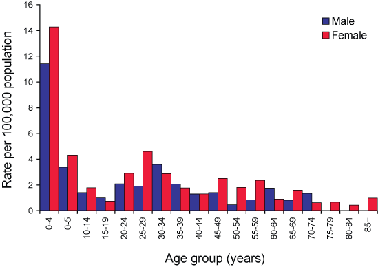 Figure 25. Notification rates of shigellosis, Australia, 2004, by age group and sex 