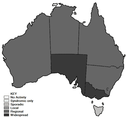 Figure 1. Map of influenza and ILI activity, by state and territory, during fortnight ending 20 August 2010