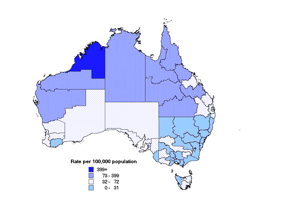 Map 2. Notification rates of salmonellosis, Australia, 2000, by Statistical Division of residence