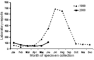 Figure 5. Laboratory reports of influenza, 1999 to 2000, by month of specimen collection
