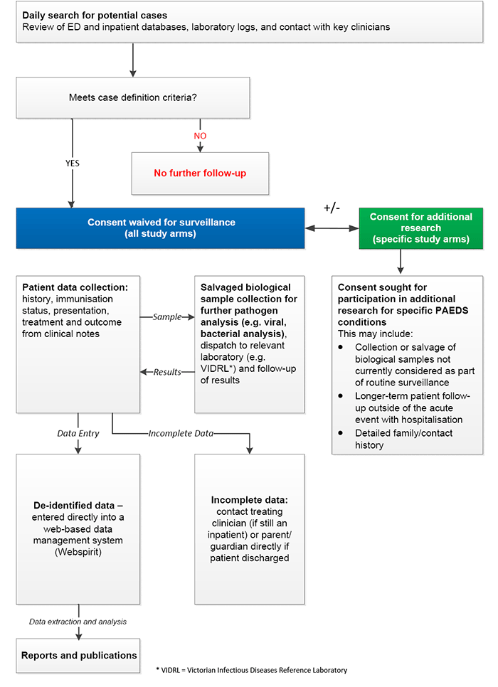 Figure 1 demonstrates the general flow of how PAEDS hospital-based surveillance is conducted. Specialist paediatric surveillance nurses identify potential cases from various sources such as emergency and inpatient databases, laboratory and other clinical 