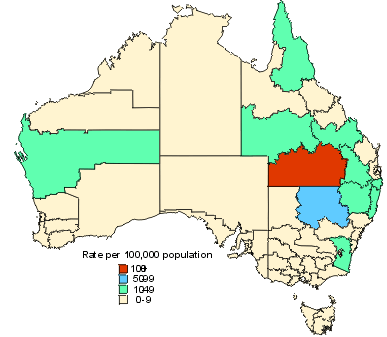 Map 11. Notification rate of Q fever, 1998, by Statistical Division of residence