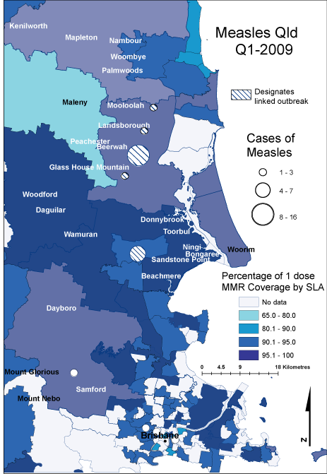 Map:  Percentage of 1 dose measles-mumps-rubella coverage* assessed at 24 months of age (birth cohort 1/10/05 to 30/9/06), by Queensland Statistical Local Area and postcode of residence