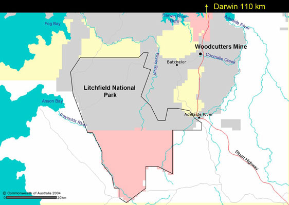 Figure. Location of Woodcutters Mine reserve and Litchfield National Park, Northern Territory