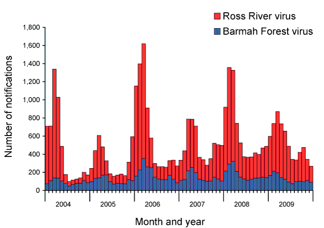 Figure 64:  Notifications of Barmah Forest and Ross River virus infections, Australia, 2004 to 2009, by month and year of diagnosis