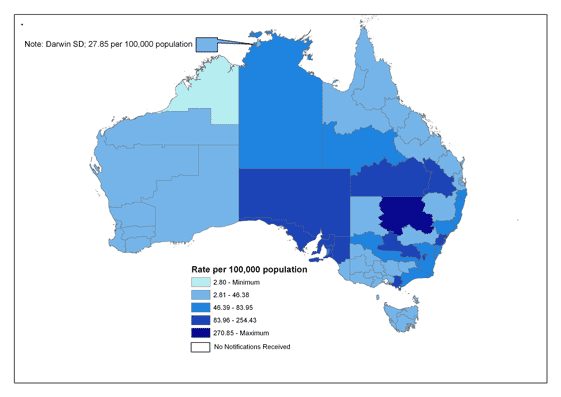 Map 6. Notification rate for pertussis, Australia, 2005, by Statistical Division of residence