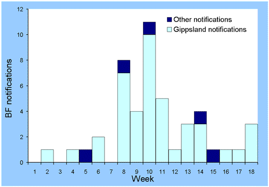 Figure 1. Barmah Forest virus disease notifications, Victoria, January to May 2002, by notification date and link to Gippsland
