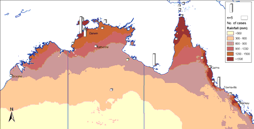 Figure 1. Geographic distribution of cases of melioidosis and average annual rainfall in Australia