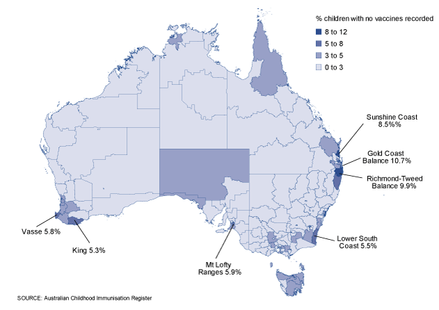 Figure 18:  Proportion of children with no vaccines recorded on the Australian Childhood Immunisation Register, Australia, 2009 for the cohort born January 2003 to December 2008
